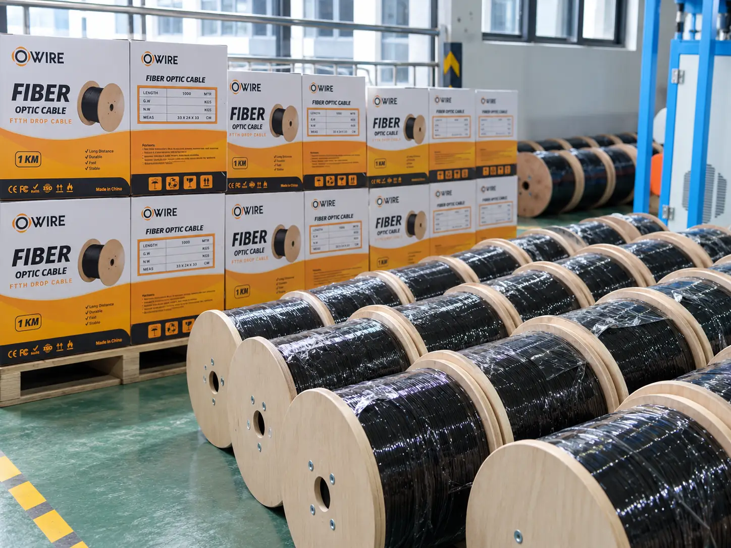 FTTH drop cable export packing reels cartons and pallets