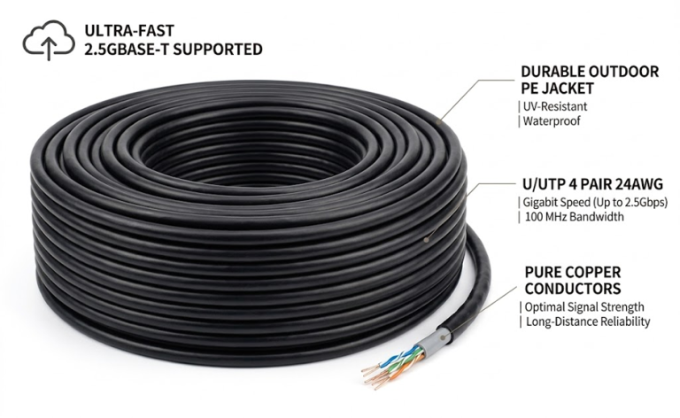 Bulk Cat5e U/UTP Outdoor LAN Cable | Double Jacket Waterproof Ethernet Cable